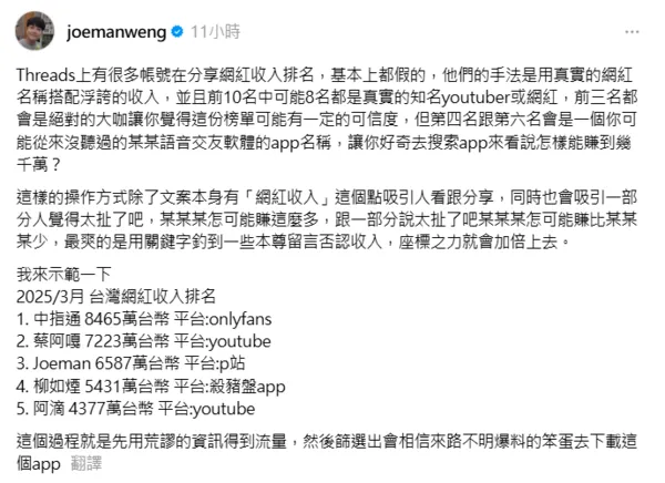 ▲▼Joeman。(圖/翻攝自Threads/joemanweng)