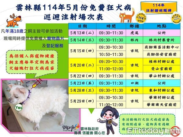 ▲雲林縣府5月份於虎尾、口湖、古坑及林內等地區舉辦8場次「免費狂犬病疫苗巡迴注射活動」。(圖/記者游瓊華翻攝)