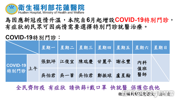 ▲花蓮醫院新增新冠特別門診時間一覧表。(圖/花蓮醫院提供)