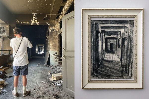 徐立軒在東華畫下黑暗長廊盡頭的光,就像花蓮震後等待復甦的隱喻。(花蓮地震寫生團提供)