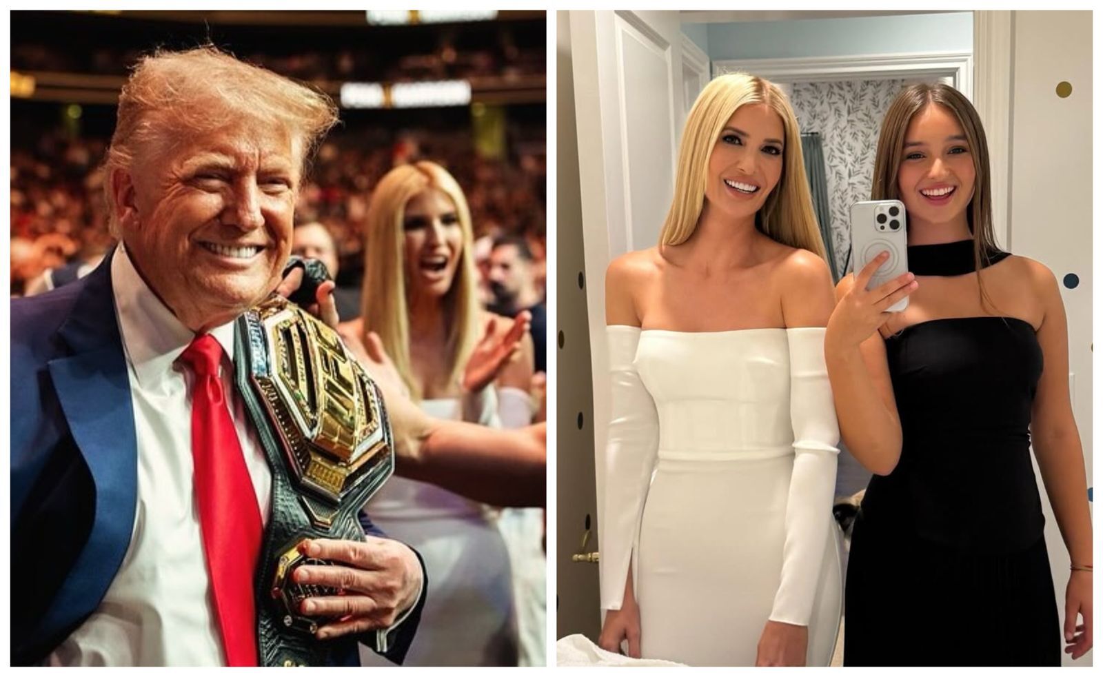 伊凡卡陪老爸川普看UFC冠軍賽(左圖),與女兒阿拉貝拉的合照被讚很像姊妹(右圖)。(翻攝ivankatrump IG)