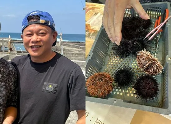 ▲李康生誤闖養殖池撿海膽。(圖/翻攝自李康生臉書)