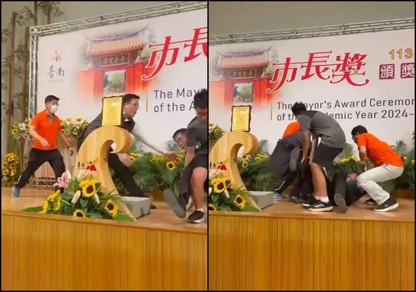 ▲▼黃偉哲合照畢業生「腿軟摔倒」影片曝光 網笑:市長獎根本耗市長。(圖/翻攝自threads/黃偉哲)