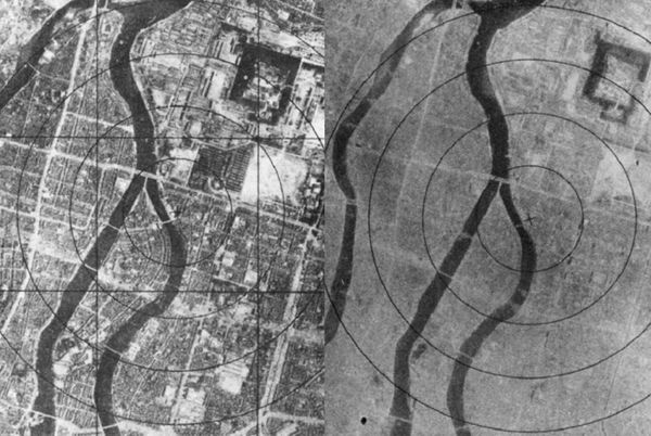 1945年美軍在廣島投下原子彈,遭毀滅性打擊的廣島市瞬間從左圖變為右圖,市區幾乎夷為平地,成為一片廢墟。(翻攝自維基百科)