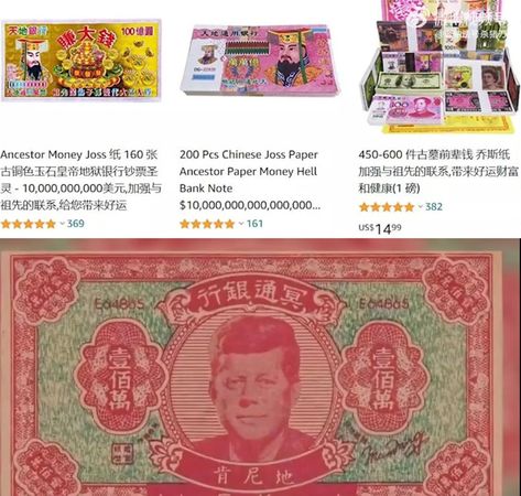 外國電商平台販售各式祖先幣,可見美元版等本土化的冥幣。(翻攝微博)