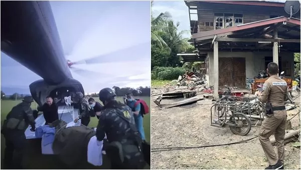 ▲▼泰國與柬埔寨邊境爆發衝突。左圖為踩到地雷受傷的泰國士兵被空運送醫,右圖為柬埔寨向泰國素林府住宅區發射砲彈後的場景。 (圖/達志影像/美聯社)