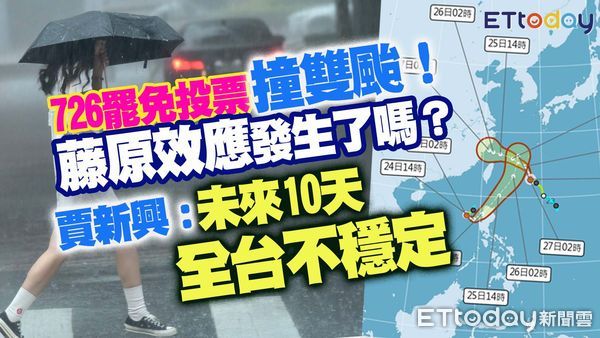 ▲氣象專家賈新興說明雙颱對台影響,及726罷免投票天氣預估 。(圖/合成圖)