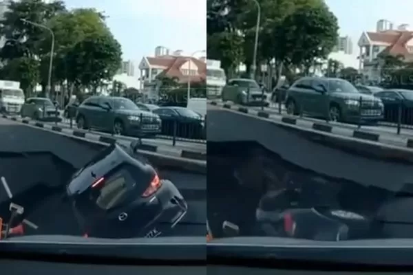 ▲▼路面突消失 駕駛5秒內墜天坑畫面曝。(圖/翻攝自X)