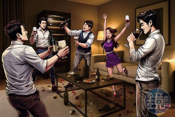 郭岱琦借住朋友家,卻找來其他朋友開趴,把屋子弄得亂七八糟。(AI繪圖Adobe Firefly生成,本刊美術組後製)