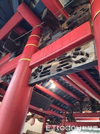 ▲台南三山國王廟遭短時強降雨侵襲,殿內積水滲漏嚴重,議員蔡宗豪與謝龍介服務團隊會勘現場。(記者林東良翻攝,下同)