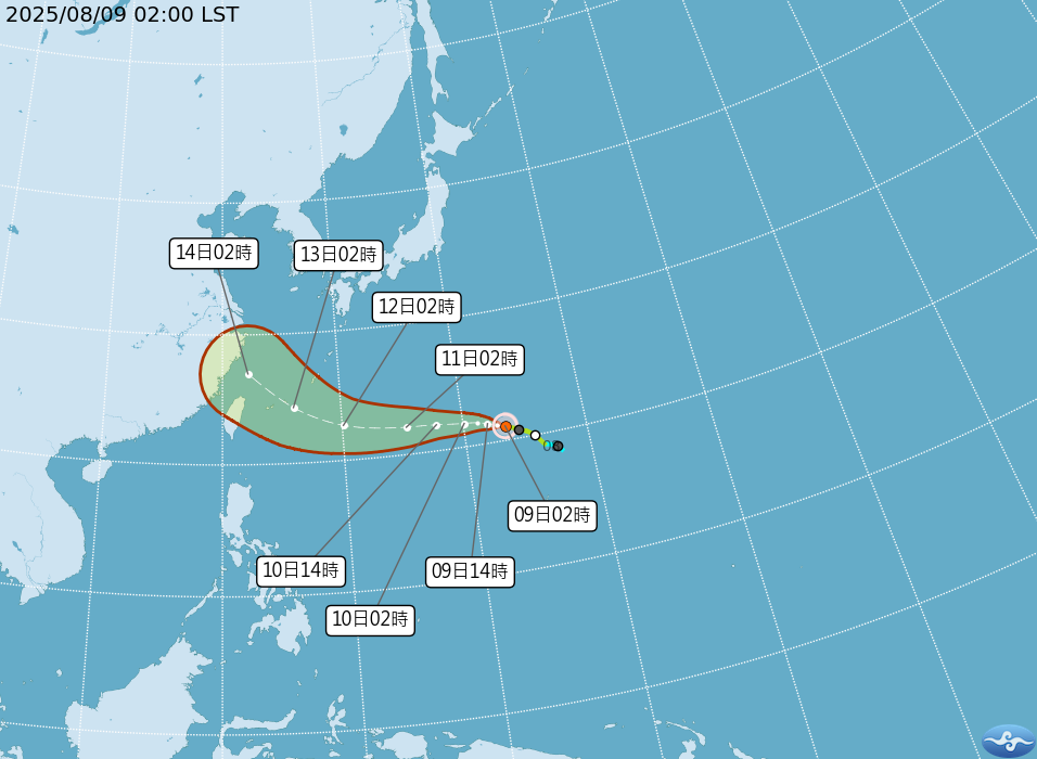 ▲▼楊柳颱風潛勢路徑圖。(圖/中央氣象署)