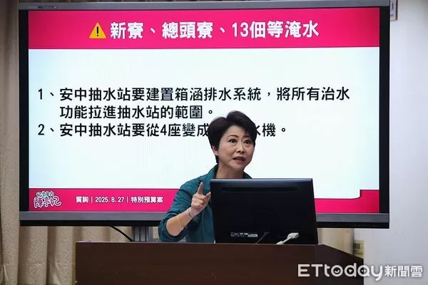 ▲立委陳亭妃實地勘查台南六塊寮淹水情況,呼籲中央一次到位支持治水。(圖/記者林東良翻攝,下同)