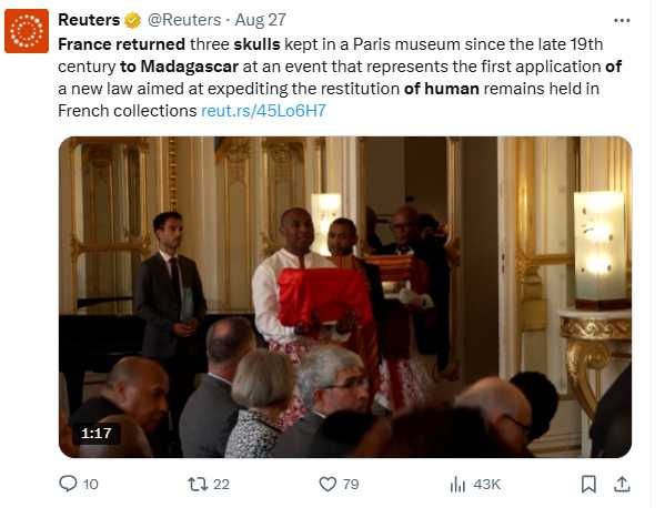 馬達加斯加文化部表示,這些遺骸將在梅納貝重新安葬。(圖/翻攝自X,@Reuters)