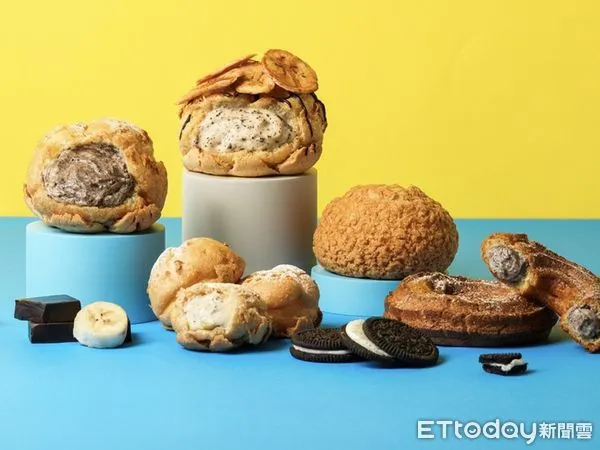 ▲▼beard papa’s9月限定推香蕉巧克力泡芙、餅乾巧酥泡芙、香蕉脆片耶克、雙連概念店限定白巧夾心耶克。(圖/beard papa’s提供)