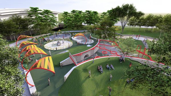 ▲榮星花園公園遊戲場將新增地形攀爬網、隧道型通道,同時還有旋轉翹翹板、共融式鞦韆等設施。(示意圖/公園處提供)