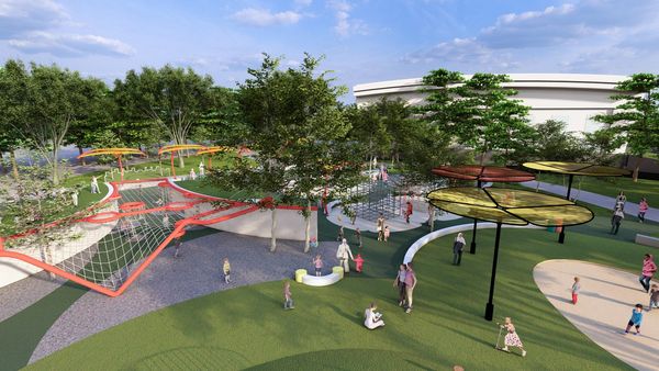 ▲榮星花園公園遊戲場將新增地形攀爬網、隧道型通道,同時還有旋轉翹翹板、共融式鞦韆等設施。(示意圖/公園處提供)