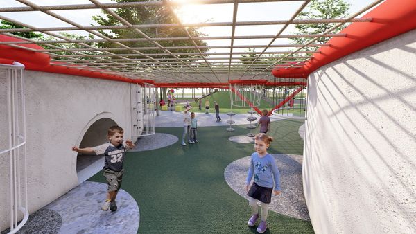 ▲榮星花園公園遊戲場將新增地形攀爬網、隧道型通道,同時還有旋轉翹翹板、共融式鞦韆等設施。(示意圖/公園處提供)