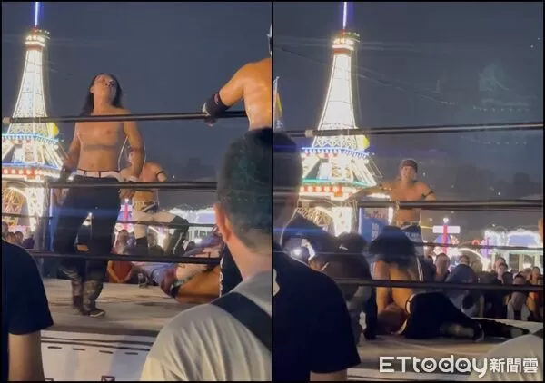 ▲▼中壢仁海宮「夜市摔角秀」 民眾圍觀驚呼連連。(圖/網友yujing授權使用)