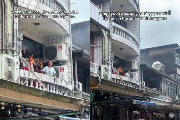 ▲▼ 遊客在平溪放天燈,燒到附近住戶的曬衣架。(圖/翻攝自TikTok@flomill1shi)