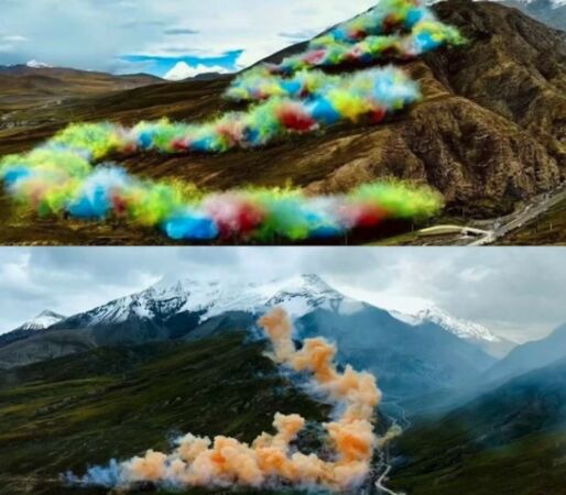 ▲▼彩色煙火轟炸喜馬拉雅山!藝術家蔡國強、始祖鳥遭調查。(圖/翻攝微博)