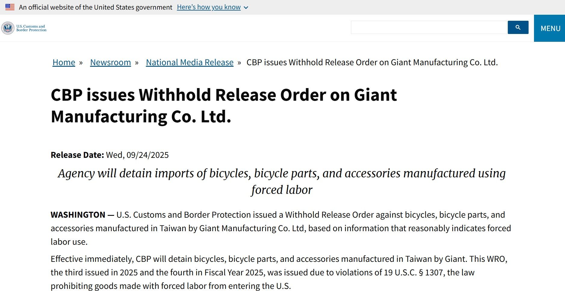 ▲▼美國海關公告,巨大涉「勞動強迫」,因此對產製自行車、零件暫扣。(圖/美國CBP)