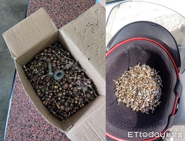 ▲長庚橋散落上百螺絲釘釀5車爆胎,警方已調監視器釐清原因。(圖/網友授權提供)