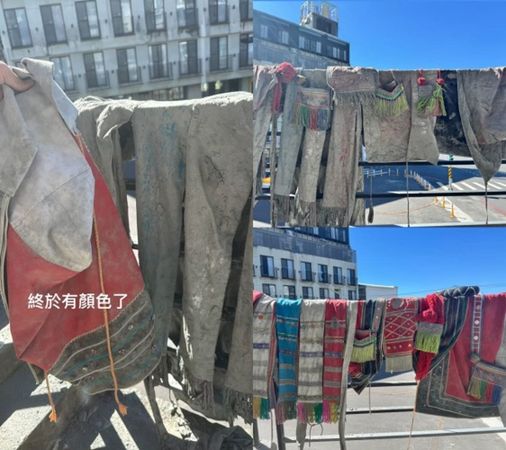 網友「Rimuy織布工坊」也在ig貼出照片分享,把滿是泥巴覆蓋的族服慢慢修復成原本的樣貌。(instagram網友@tminun_na_rimuy_授權提供)