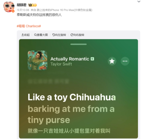 ▲網友認為,泰勒絲是在暗諷,查理的身高。(圖/翻攝自微博)