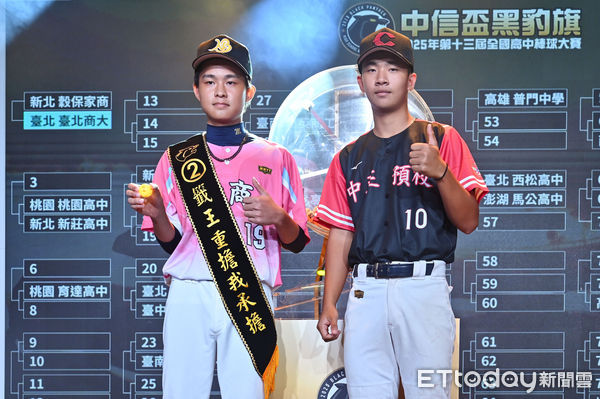 ▲▼2025中信盃黑豹旗記者會,北市臺北商大抽中籤王,與去年籤王中正預校合照。(圖/記者李毓康攝)