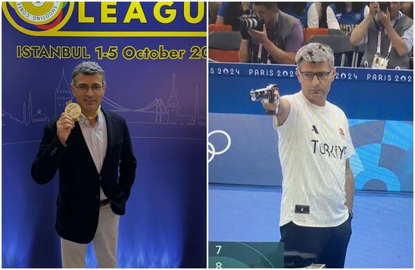 尤素夫迪克奇去年在巴黎奧運以「0裝備」模樣爆紅(右圖),如今他奪下歐洲射擊冠軍聯賽金牌(左圖)。(翻攝X@TurkishArc、yusufdikec IG)