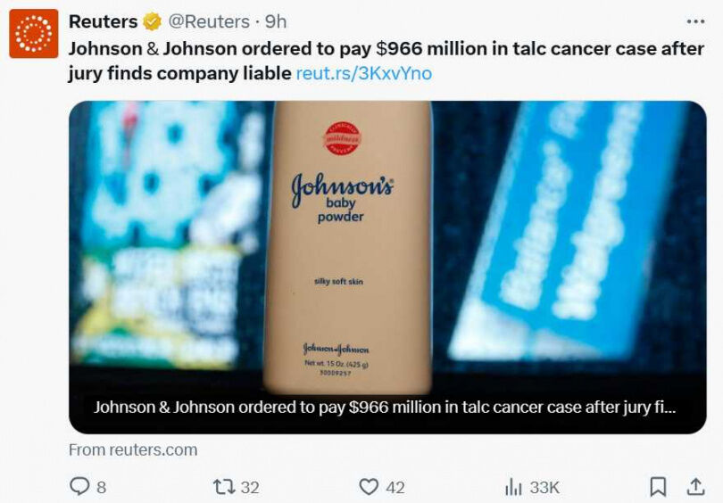 爽身粉奪命?88歲婦用嬌生粉罹癌亡遭判賠9.66億美元 公司喊冤要上訴