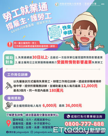 ▲勞動部推出「勞工就業通計畫」,提供僱用獎助及職務訓練,協助受國際情勢影響的失業勞工順利就業。(記者林東良翻攝,下同)
