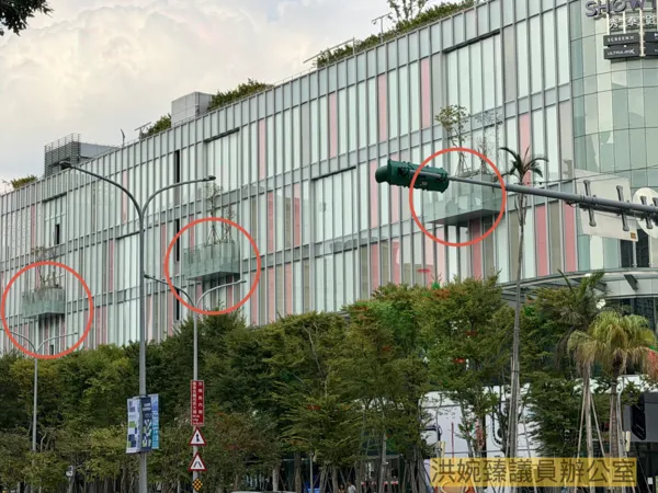 ▲大巨蛋影城戶外平台枯樹擋路 洪婉臻諷蔣萬安「難道逃生前先移盆栽」。(圖/洪婉臻提供)