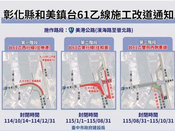 ▲和美大橋施工,替代道路出爐。(圖/翻攝自台中市政府)