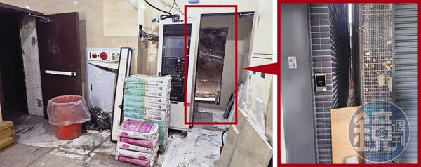 恆合建設私增門戶(左圖),導致與鄰棟建築防火間隔縮小,形成公安問題。賦寓大樓與隔壁透天厝間的防火間隔非常狹小,若發生火災恐難擋延燒。(讀者提供/李育材攝)