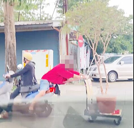 ▲桃園市大溪區日前有網友PO出一段影片,機車雙載後座阿伯拉著手推車,車上有近3公尺樹葡萄苗,一路搖晃上路,網友都為其捏了一把冷汗。(圖/大溪警方提供)
