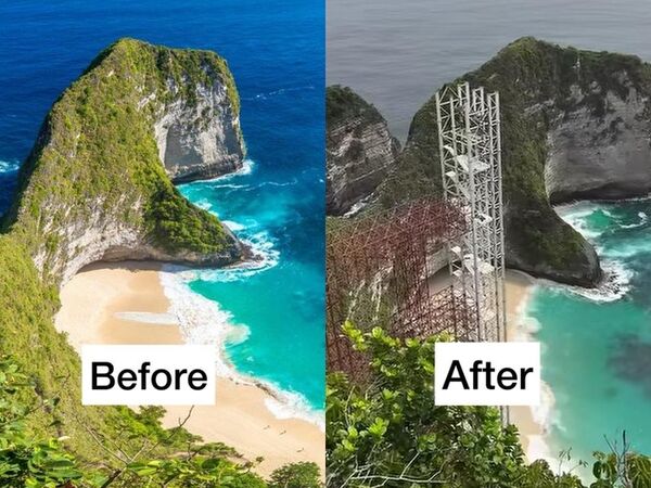 ▲▼峇里島暴龍懸崖被玻璃電梯破壞!居民怒炸。(圖/翻攝自X/@pendakilawas)