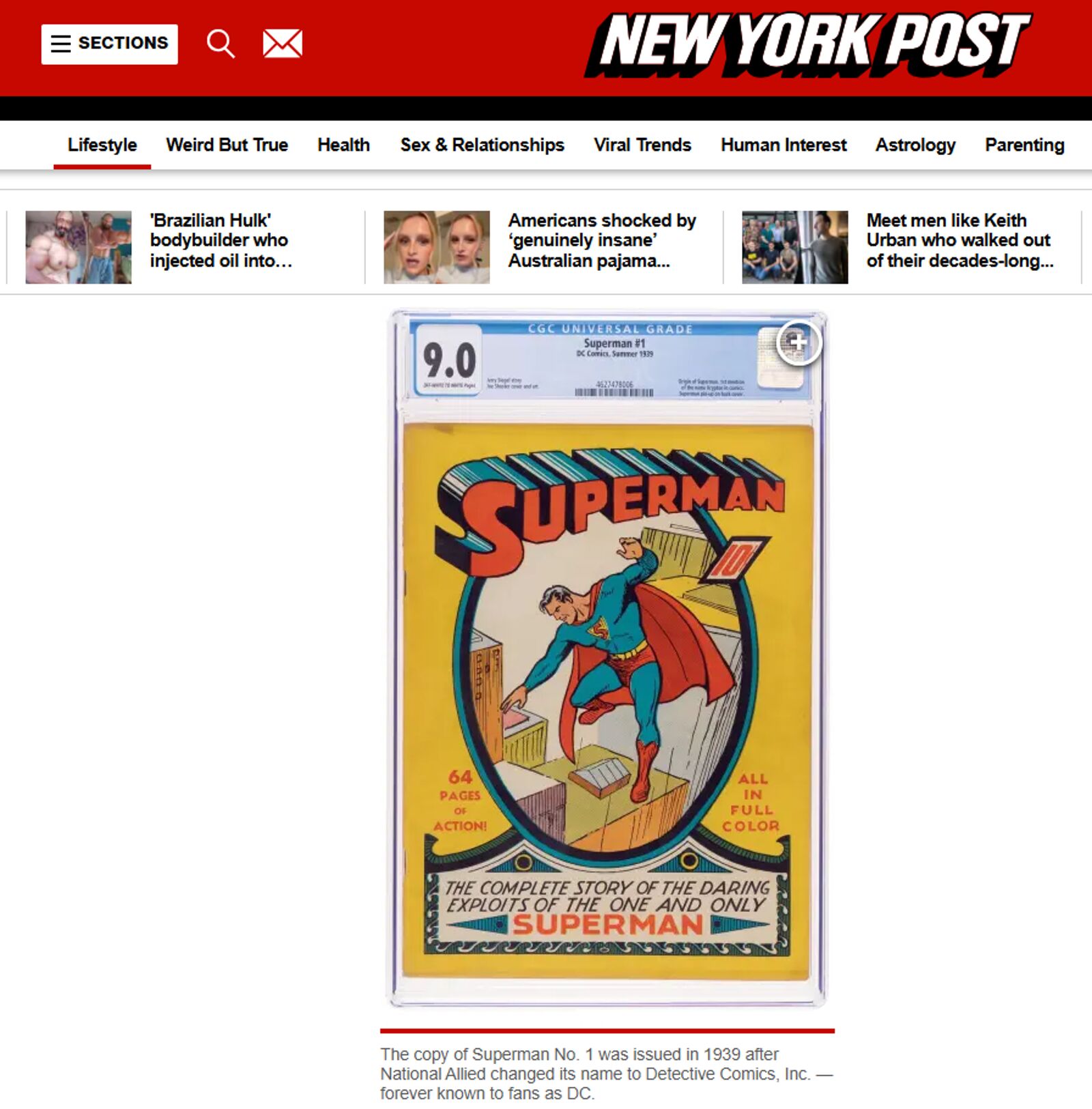 《超人》第1期於1939年發行。(翻攝自紐約郵報)