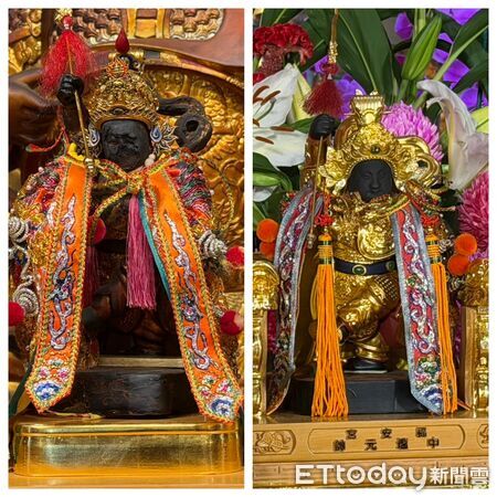 ▲福安宮開百年基主神中壇元帥臉部雕刻出現剝落與風化跡象(左),廟方以3D建模修復百年中壇元帥神像。(記者林東良翻攝)