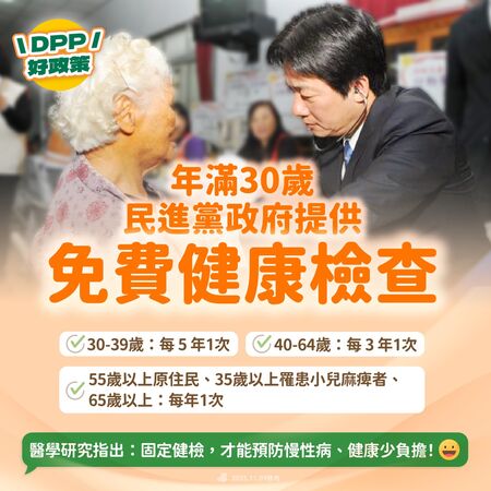 ▲▼30歲以上,民進黨政府提供免費健康檢查。(圖/翻攝自Facebook/民主進步黨)