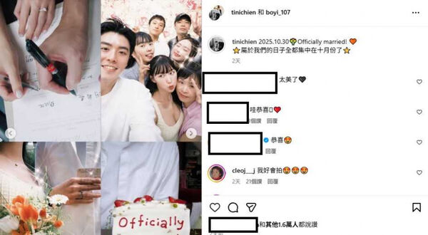 簡廷芮跟老公賴冠儒(右上圖)10月30日在台中參與妹妹簡廷倪登記結婚的大事。(圖/翻攝簡廷倪IG)