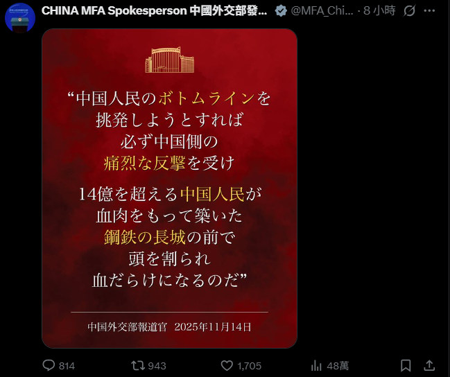 ▲▼中國外交部連發6海報 警告高市早苗:日本要重蹈軍國主義?(圖/翻攝自X/中國外交部發言人)