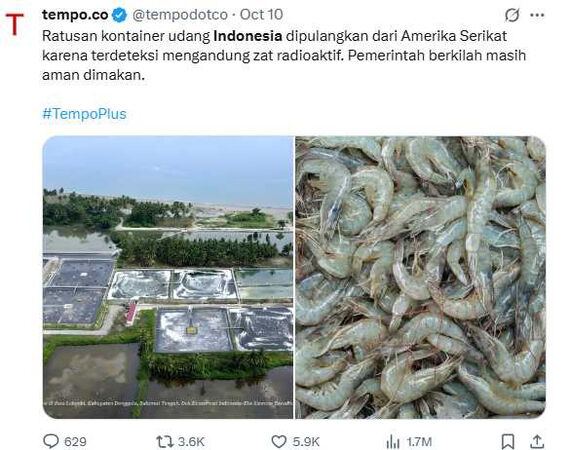 美方也曾在一批來自印尼的冷凍蝦中驗出銫137,導致美國進一步加強對印尼水產品與香料進口的證明與檢疫規範。(圖/翻攝自X,tempo.co)