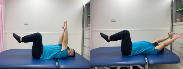 ▲▼李先生練習死蟲式強化核心,提升全身穩定度與耐受度。(圖/部立台北醫院提供)