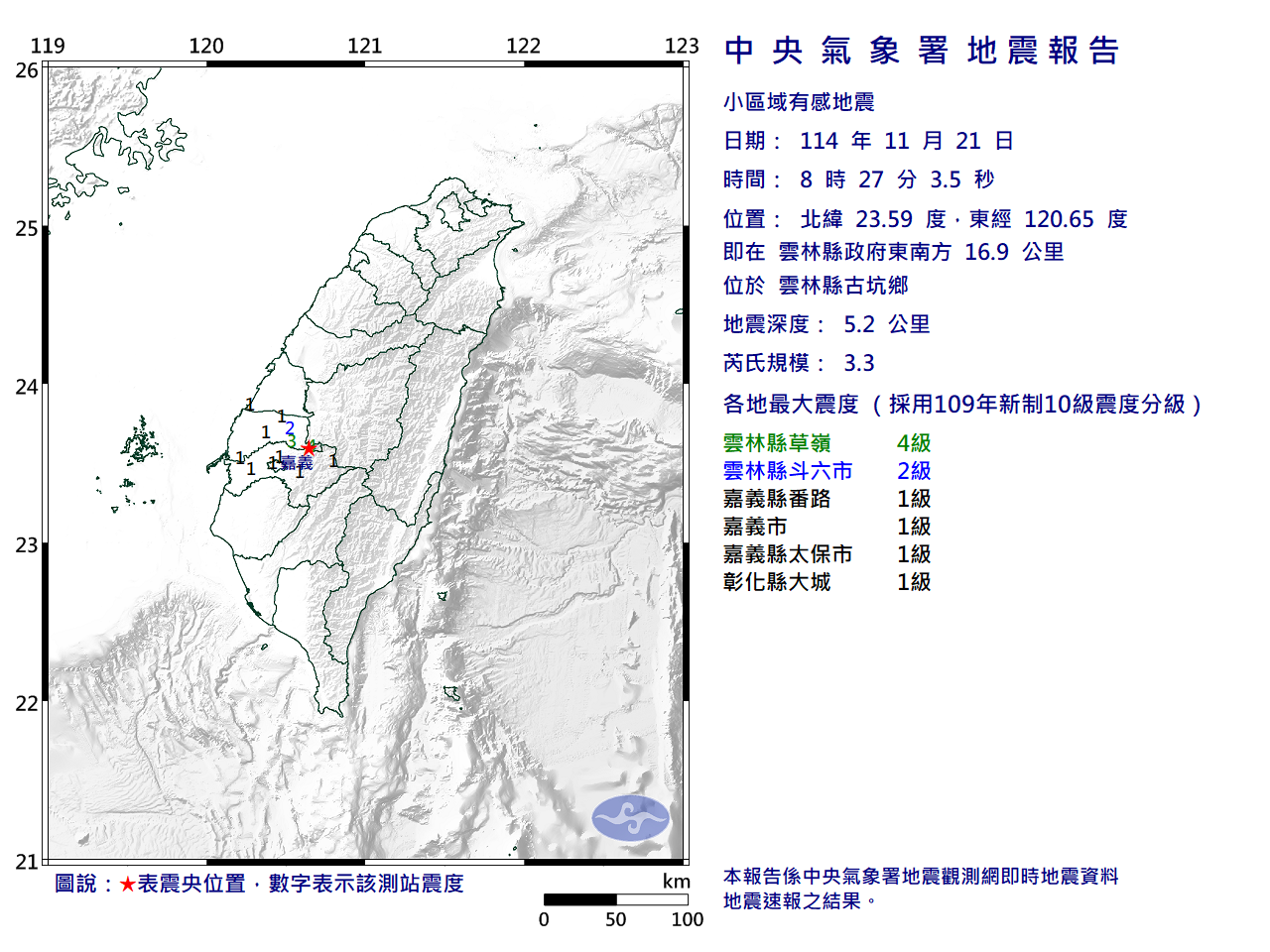 ▲▼2025/11/21 08:27:03雲林地震。(圖/中央氣象署)