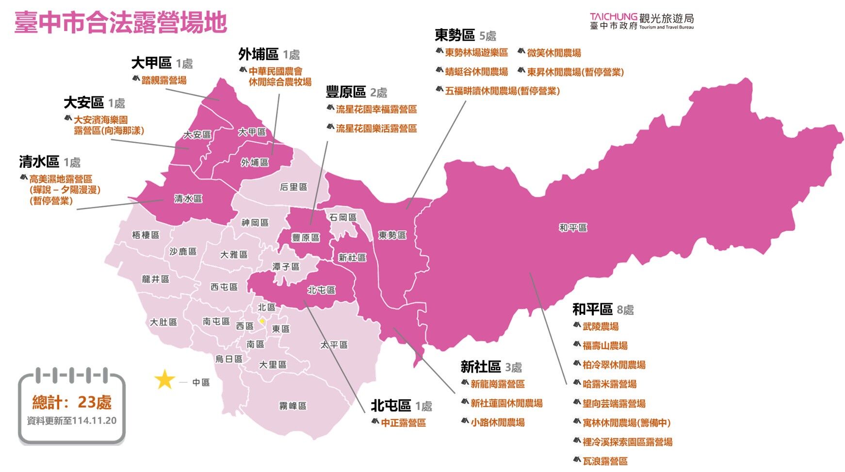 ▲台中四大溫泉區和合法露營區。(圖/台中市觀旅局提供)