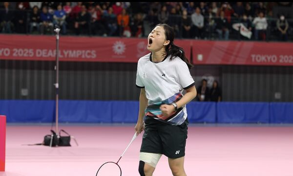 ▲羽球選手沈彥汝以堅強意志力克服腿部傷勢,進軍冠軍戰,為我國拿下一面銀牌、羽球選手沈彥汝在場上以冷靜著稱,難得吶喊展現拚戰決心。(圖/運動部提供)