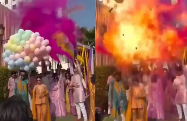 夢幻婚禮氣球突然爆炸 新人「頭頂冒出大火球」臉、背部全被燒。(圖/翻攝自X)