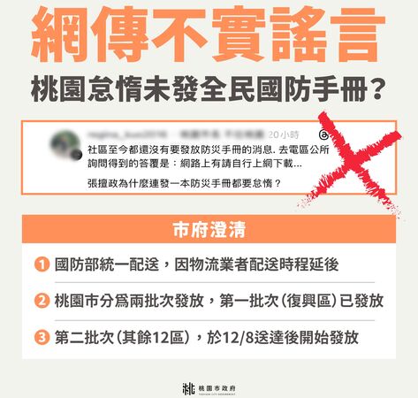 ▲針對網路謠傳桃園市府怠慢處理全民國防手冊發放作業,桃市府今天主動澄清。(圖/市府新聞處提供)