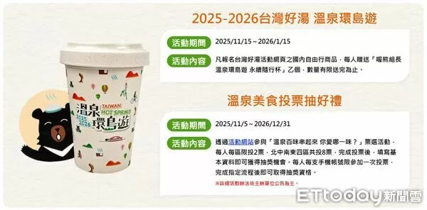 ▲即日起凡購買任一聯名溫泉遊程,即可獲得限量「喔熊組長溫泉環島遊 永續隨行杯」。(圖/縱管處提供,下同